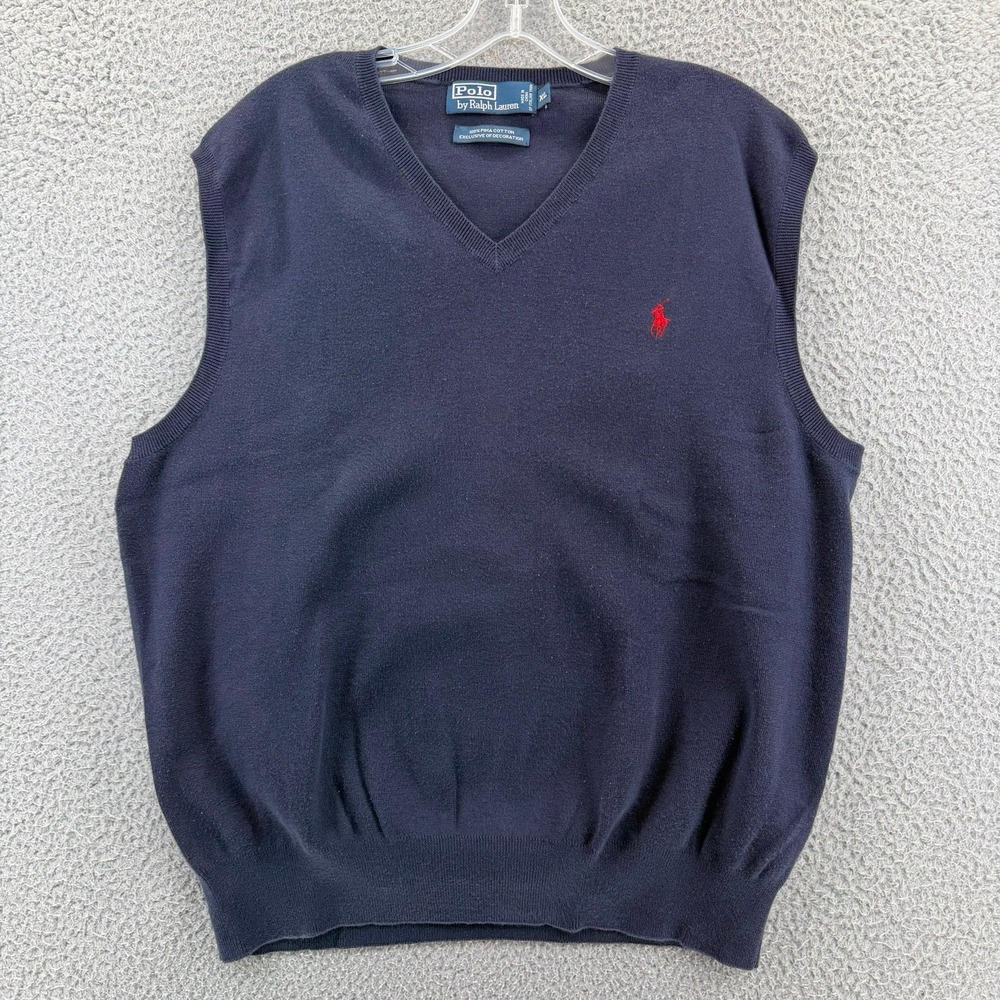 Polo Ralph Lauren Mens XL Navy‎ Blue V-Neck Pima Cotton Sweater Vest Pony Logo